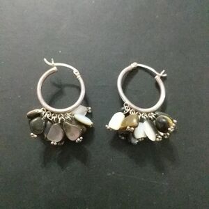 Silver Tone Black and White Shell Bead Huggie Hoop Statement Earrings